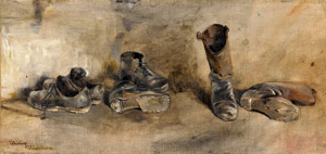 Lot 6227, Auction  110, Müller d. J., Moritz, Abgelegte Stiefel und Schuhe an einer Hauswand