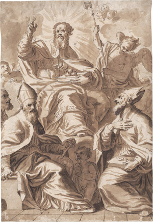 Lot 6458, Auction  110, Italienisch, 17. Jh. Der hl. Nikolaus von Bari mit zwei Bischöfen und Engeln