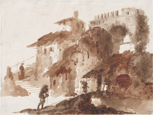 Lot 6487, Auction  110, Italienisch, 18. Jh. Capriccio mit Häusern und Ruinen an einem Berghang