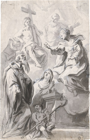 Lot 6491, Auction  110, Süddeutsch, 18. Jh. Die Madonna und die Hl. Dreifaltigkeit erscheinen einem Geistlichen