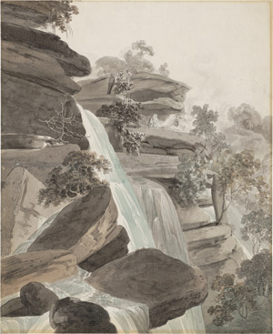 Lot 6630, Auction  110, Daniell, Thomas, Wasserfall mit betendem Sadhu in einer Felsspalte