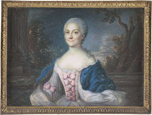 Lot 6812, Auction  110, Französisch, Mitte des 18. Jh. Bildnis einer jungen Frau im weißen Kleid mit rosa Schleifen