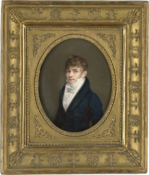 Lot 6894, Auction  110, Larrieu, Élise, Bildnis eines jungen Mannes mit aufgestelltem Kragen, weißer Weste und weißer plissierter Schleife