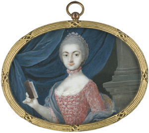 Lot 6900, Auction  110, Deutsch, um 1760. Dame vor blauem Vorhang, ein Buch haltend