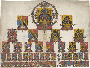 Lot 529, Auction  111, Alexander I., Großer Stammbaum mit 63 farbigen Wappenmalereien.