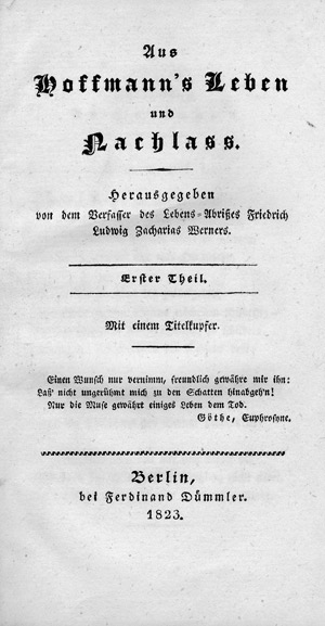 Lot 1774, Auction  111, Hoffmann, E. T. A., Aus Hoffmann's Leben und Nachlass