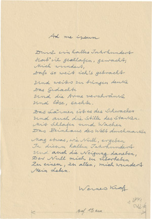 Lot 2073, Auction  111, Kraft, Werner, Signiertes Gedichtmanuskript