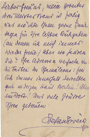 Lot 2133, Auction  111, Zweig, Stefan, Postkarte 1925 an Albert Ehrenstein