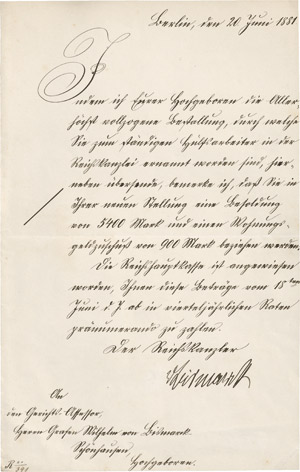 Lot 2188, Auction  111, Bismarck-Schönhausen, Wilhelm Graf von, Konvolut Dokumente aus seiner Laufbahn