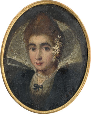 Los 6039 - Italienisch - Anfang 17. Jh. Bildnis einer jungen Frau mit hochgestelltem Kragen, in den Haaren ein Blütenzweig - 0 - thumb