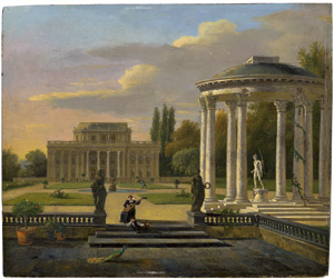 Lot 6089, Auction  111, Deutsch, um 1840. Sommerlicher Palastgarten mit Tempietto und Lautenspielerin