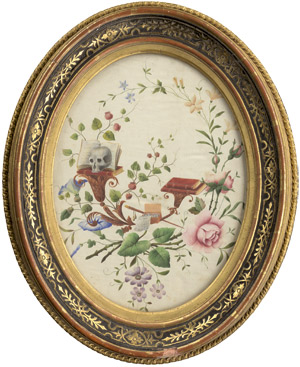 Lot 6350, Auction  111, Spanisch, 2. Hälfte 19. Jh. Klosterarbeit: Memento mori mit einem Schädel und Büchern, umrahmt von Blüten