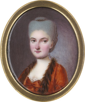 Lot 6808, Auction  111, Deutsch, um 1770/75. Junge Frau im orangen Kleid mit braunem Pelzbesatz