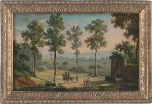 Lot 6837, Auction  111, Französisch, um 1800. Sommerliche Landschaft mit Landvolk und zwei Reitern