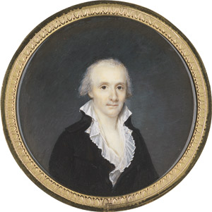 Lot 6873, Auction  111, Französisch, um 1793. Trauriger Mann in dunkler Jacke mit offenem weißen Rüschenkragen