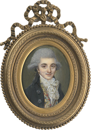 Lot 6887, Auction  111, Französisch, um 1790. Bildnis eines jungen Mannes im dunklen Rock mit bestickter Weste