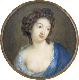 Lot 6888, Auction  111, Französisch, 19. Jh. Junge Frau im weißen Unterkleid mit blauem Umhang, ein Brust entblößt