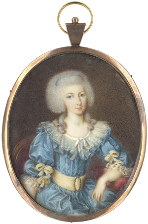 Lot 6897, Auction  111, Deutsch, um 1780/85. Bildnis einer jungen Frau im blauen Kleid mit Schleifen