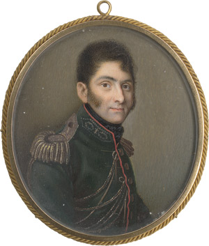 Lot 6911, Auction  111, Deutsch, um 1815. Bildnis eines Mannes in grüner Uniform mit Epauletten und Goldverschnürung