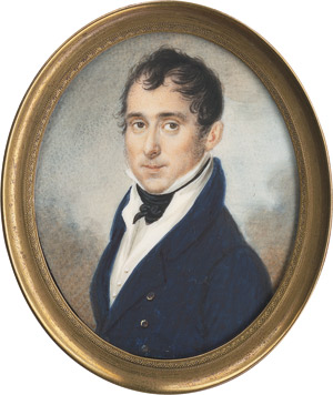 Lot 6924, Auction  111, Böhmisch, um 1830. Bildnis eines Herrn im dunkelblauen Rock, weißem Hemd mit schwarzer Halsschleife