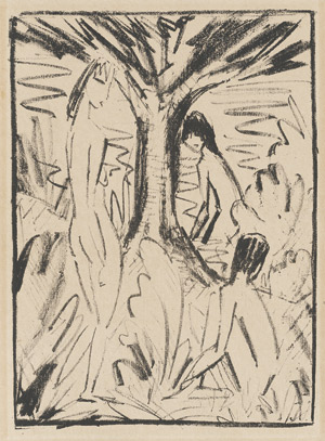 Lot 7292, Auction  111, Mueller, Otto, Stehendes, sitzendes und badendes Mädchen am Baum (Akte unter Bäumen)