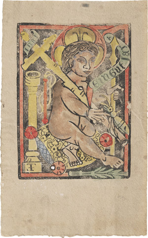 Lot 508, Auction  112, Einblattholzschnitt, Neujahrsgruß "Ein gut jar". Jesusknabe mit den Arma Christi