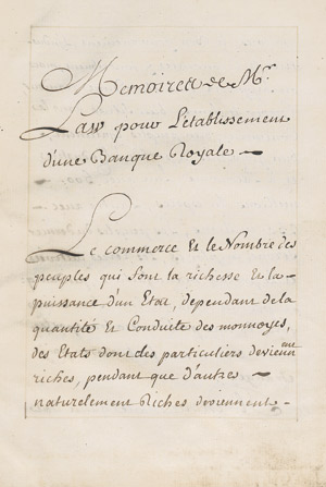 Lot 1330, Auction  112, Law, John, Mémoire de Mr. Law pour L'établissement d'une Banque Royale