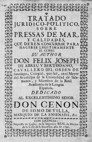 Los 1702 - Abreu y Bertodano, Joseph Antonio de - Tratado juridico-politico, sobre pressas de mar - 0 - thumb