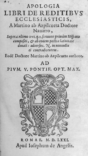 Lot 1728, Auction  112, Azpilcueta, Martín de, Apologia Libri de reditibus ecclesiasticis 