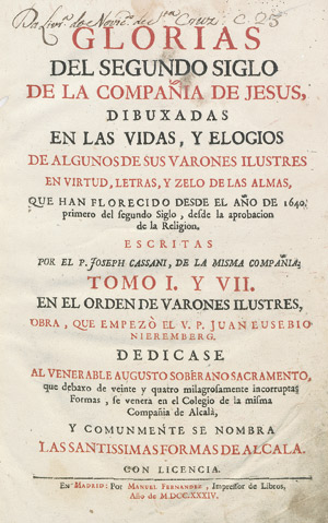 Lot 1793, Auction  112, Cassani, José, Glorias del segundo siglo de la Compañia de Jesus