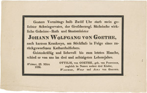 Lot 2363, Auction  112, Goethe, Johann Wolfgang von, Gedruckte Todesanzeige