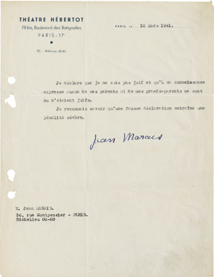 Lot 2739, Auction  112, Marais, Jean, Brief 1941 + Beilagen