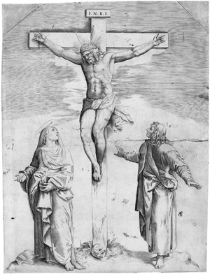 Lot 5102, Auction  112, Franco, Giovanni Battista - zugeschrieben, Christus am Kreuz mit der hl. Jungfrau und Johannes d. Täufer