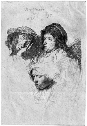 Lot 5199, Auction  112, Rembrandt Harmensz. van Rijn, Drei Frauenköpfe, die eine Frau schlafend