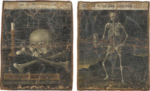 Lot 6003, Auction  112, Deutsch, 17. oder 18. Jh. Memento Mori: Sensenmann und Totenschädel; gekreuzte Knochen auf einem Buch