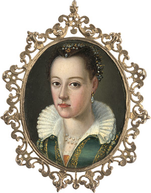 Lot 6019, Auction  112, Bronzino, Agnolo - Umkreis, Bildnis einer jungen Frau im grünen Kleid mit Perlenschmuck im Haar