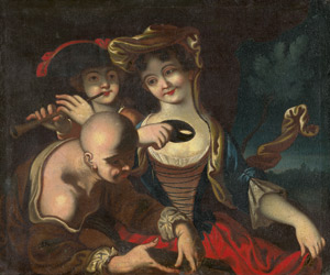 Lot 6038, Auction  112, Süddeutsch, 18. Jh. Junge Frau mit Maske in Begleitung eines Flötenspielers und eines Tartaren