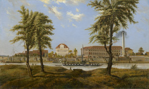 Lot 6076, Auction  112, Deutsch, 1849. Blick auf Schloss Übigau in Dresden mit einem Raddampfer auf der Elbe
