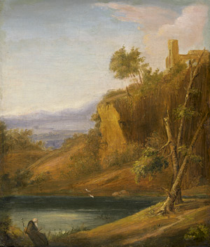 Lot 6081, Auction  112, Deutsch, um 1830. Südliche Landschaft mit Mönch an einem See, am Steilhang eine Klosterruine
