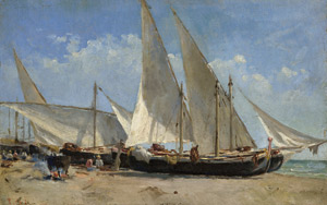Lot 6146, Auction  112, Italienisch, 2. Hälfte 19. Jh. Strandszene in der Mittagssonne mit Fischern und ihren Segelbooten