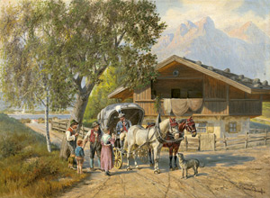 Lot 6189, Auction  112, Quaglio, Franz, "Das Billet": Halt der Postkutsche in einem oberbayerische Dorf am See.