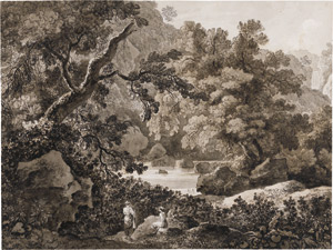 Lot 6499, Auction  112, Steiner, Emanuel, Eine idyllische südliche Landschaft mit drei Frauen am Ufer eines kleinen Wasserfalls.