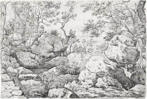 Lot 6522, Auction  112, Französisch, 19. Jh. Felspartie im Wald von Fontainebleau mit Haus auf einer Anhöhe
