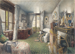 Los 6592 - Französisch - um 1855-60. Kleiner Salon im Stil Napoléon III. mit Blick in einen Wintergarten. - 0 - thumb
