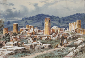 Lot 6630, Auction  112, Perlberg, Friedrich, "Ausgrabungen in Olympia": Griechen vor einer Tempelruine.
