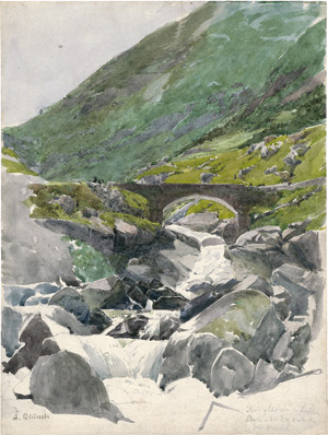 Lot 6739, Auction  112, Blunck, August, Sommerliche Berglandschaft mit steinerner Brücke