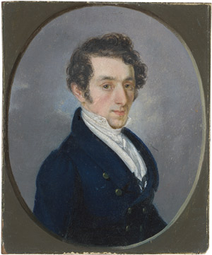 Lot 6802, Auction  112, Deutsch, um 1825/1830. Bildnis eines jungen Mannes in dunkelblauer Jacke und weißer Weste mit hohem Kragen und Halsbinde.