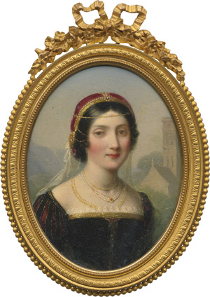 Lot 6805, Auction  112, Laurent, Jean-Antoine, Bildnis einer reich geschmückten jungen Frau im "style Troubadour" in Landschaft mit Kirche
