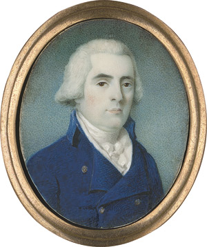 Lot 6826, Auction  112, Englisch, um 1770. Bildnis eines jungen Mannes in dunkelkblauer Jacke mit weisser Weste und geknoteter Halsbinde