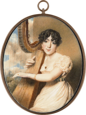 Los 6845 - Bellet Browne geb. Marmaduke, Martha - Bildnis der Jane Eliza Doddington Sherwood (1798-1888), in weißem Kleid, Harfe spielend vor Mauer mit Landschaftsausblick sitzend - 0 - thumb